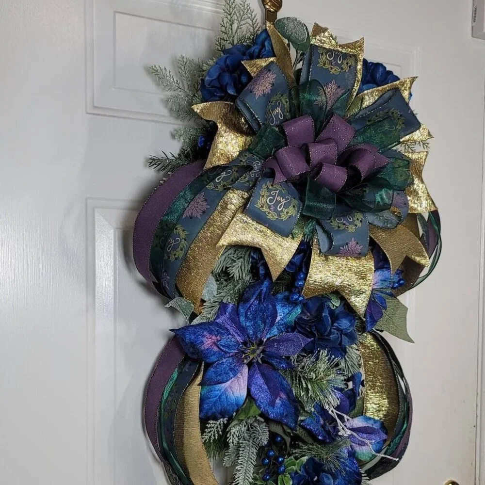Blue Joy Poinsettia and Hydrangea with Mixed Pines Swag, Holiday Swag